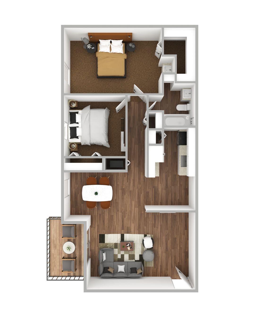 Parkway Crossing Mitchell Floorplan Overhead model of the Parkway Crossing Mitchell Floorplan, with two bedrooms, one bathroom, luxury vinyl tile flooring, a balcony and a living room.